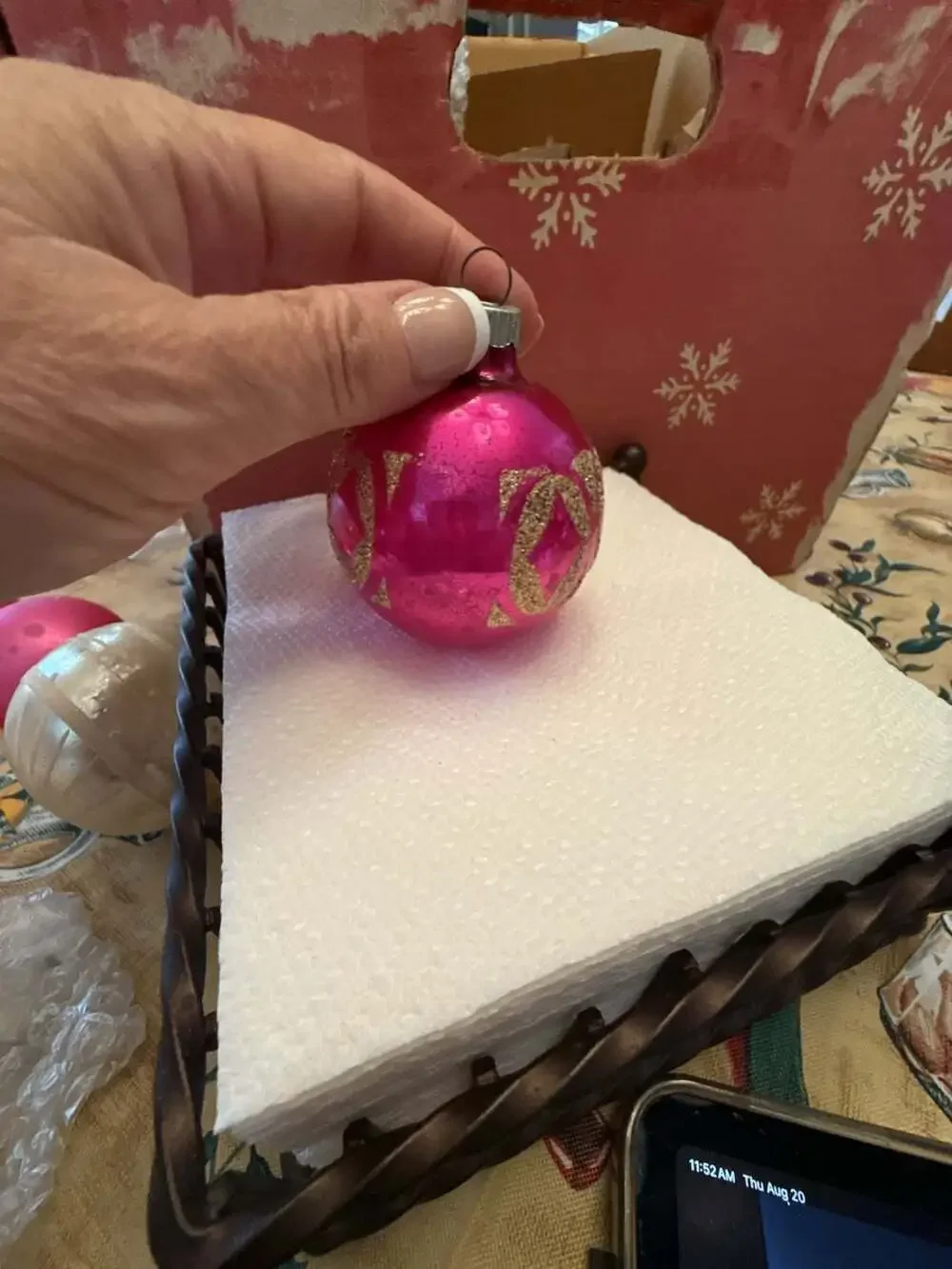 Vtg Shiny Brite Hot Pink Mercury Glass ornament Gold Glitter Stencil Design
